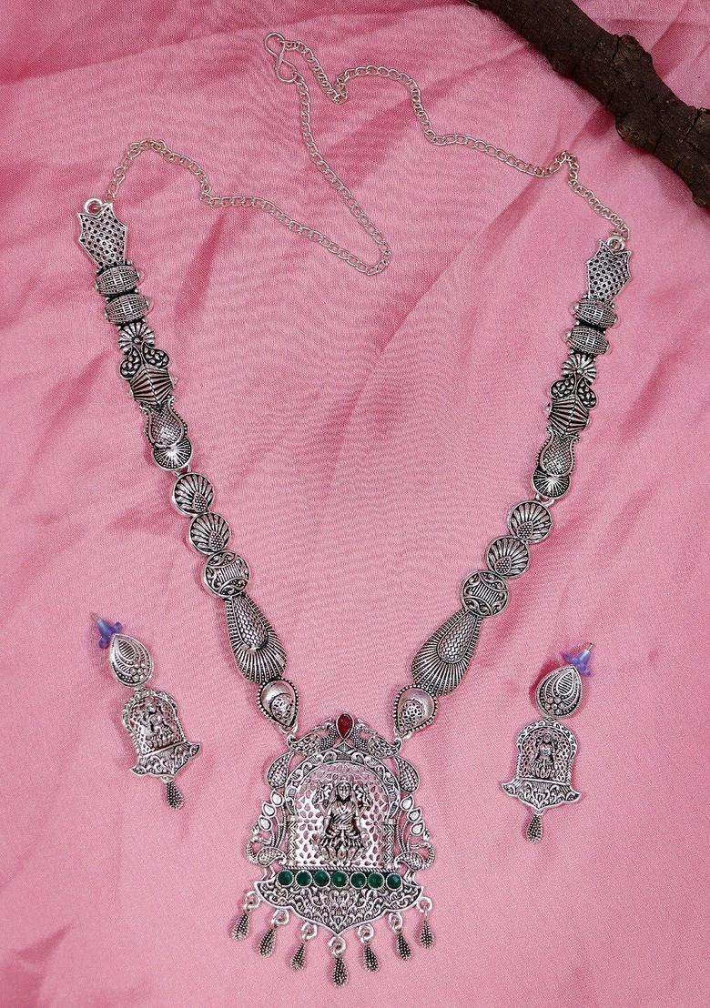 Silver-Plated Green & Red Stone-Studded Temple Jewellery Set for Women | Traditional Temple Jewellery for Wedding & Festive Wear | Gift for Her - Indya