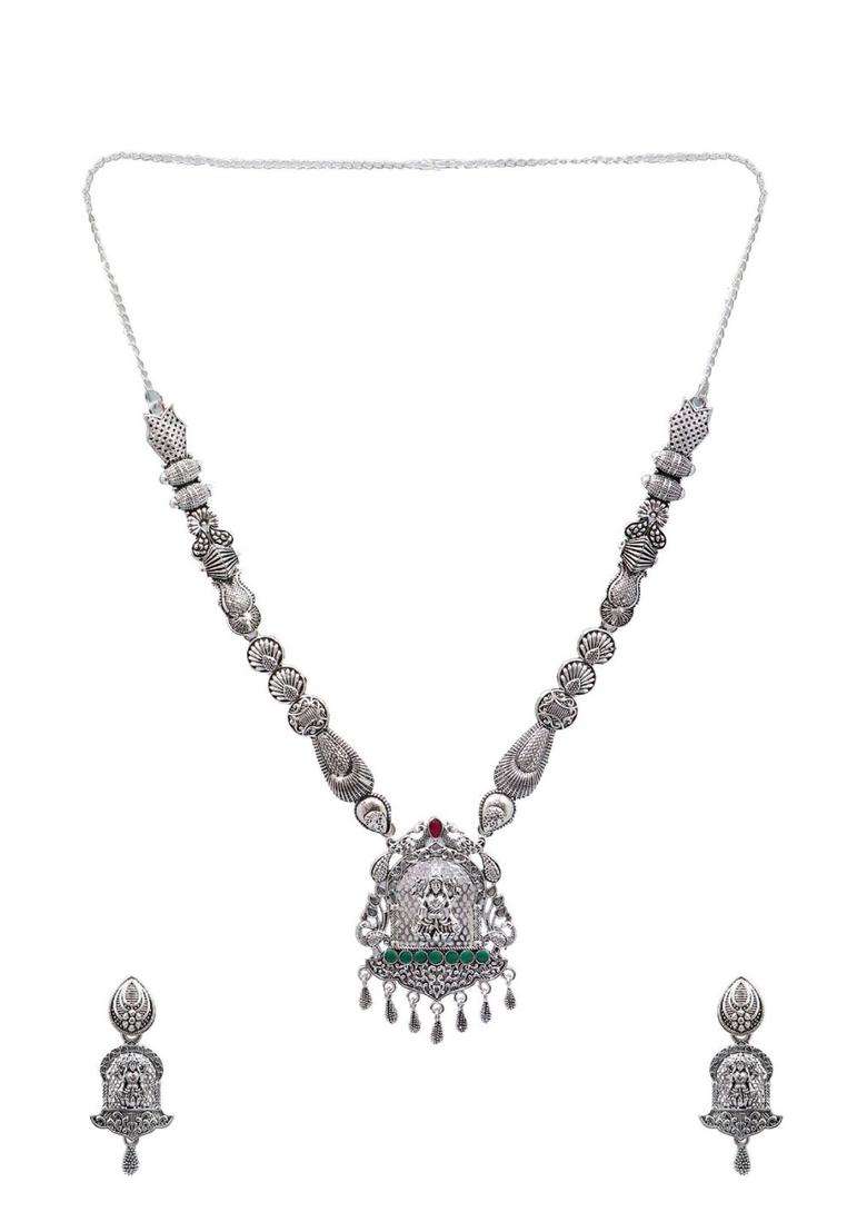 Silver-Plated Green & Red Stone-Studded Temple Jewellery Set for Women | Traditional Temple Jewellery for Wedding & Festive Wear | Gift for Her - Indya
