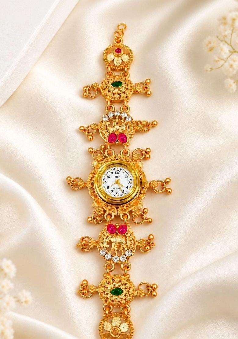 Brass Temple Gold-Plated Multistrand Bracelet for Women | Traditional Temple Jewellery for Wedding & Festive Wear | Gift for Her - Indya