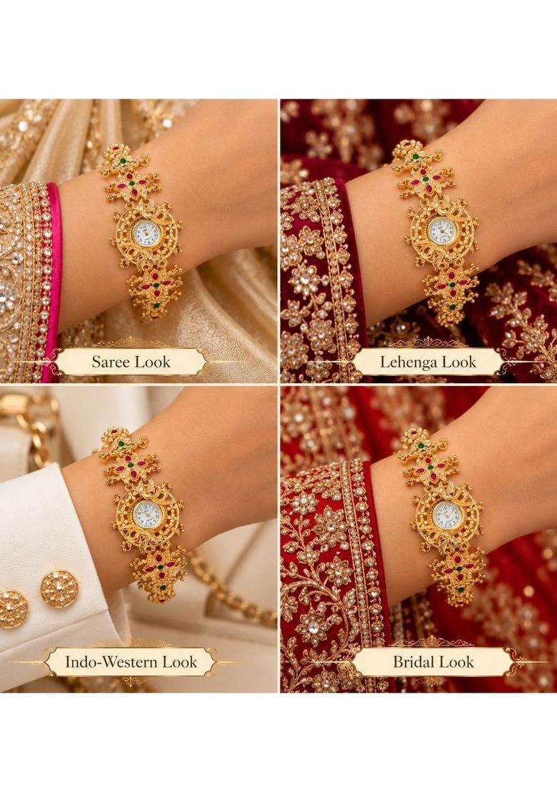 Brass Temple Gold-Plated Link Bracelet for Women | Traditional Temple Jewellery for Wedding & Festive Wear | Gift for Her - Indya