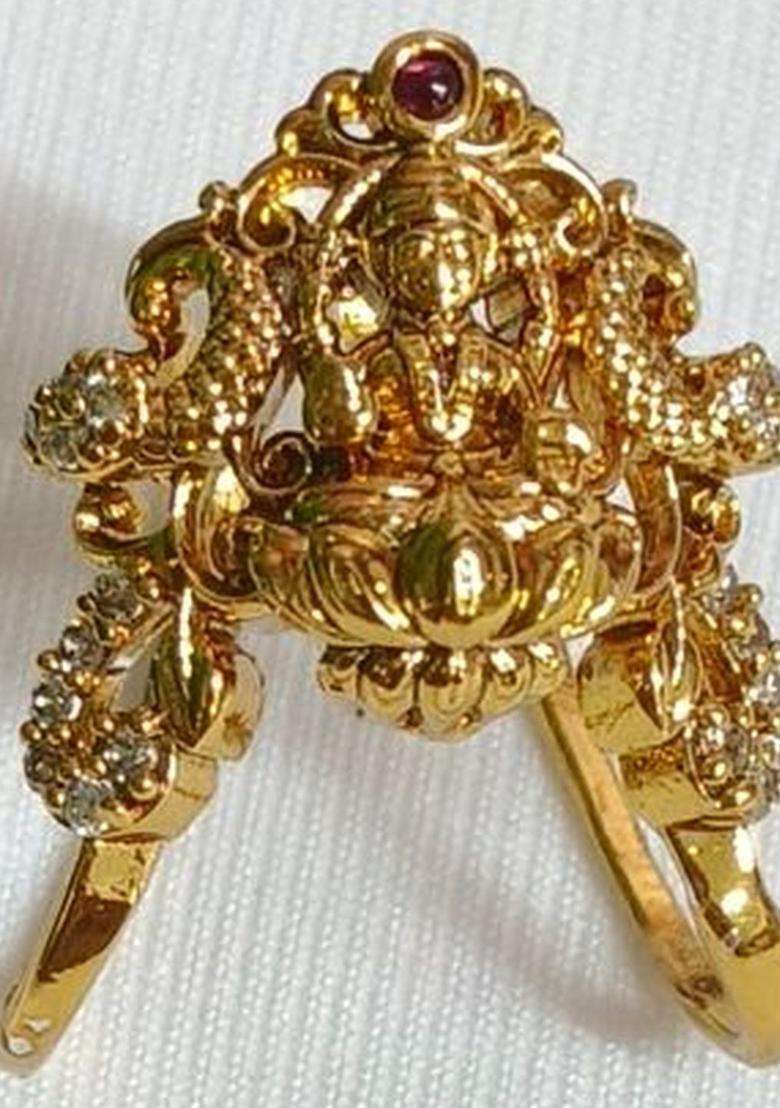 Brass-Plated Temple Stone Studded & Beaded Finger Ring for Women | Traditional Temple Jewellery for Wedding & Festive Wear | Gift for Her - Indya