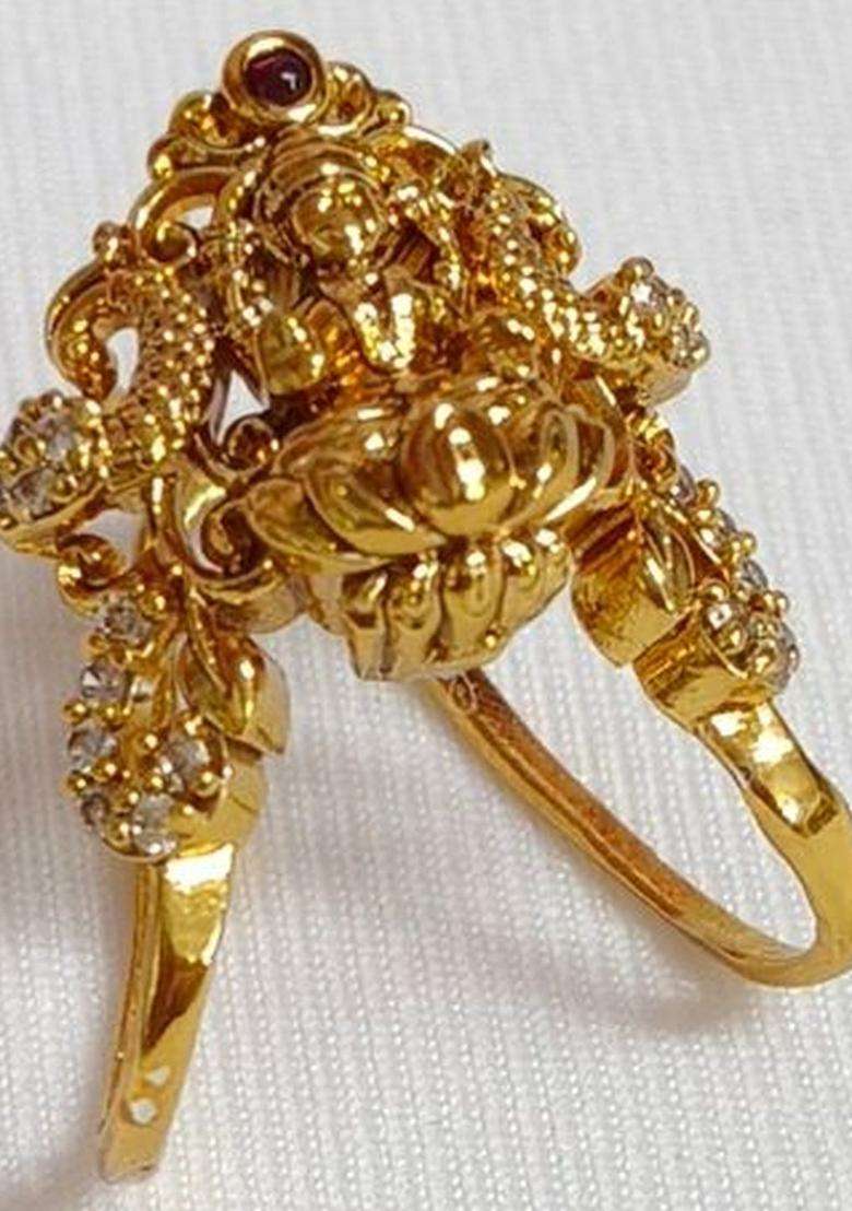 Brass-Plated Temple Stone Studded & Beaded Finger Ring for Women | Traditional Temple Jewellery for Wedding & Festive Wear | Gift for Her - Indya