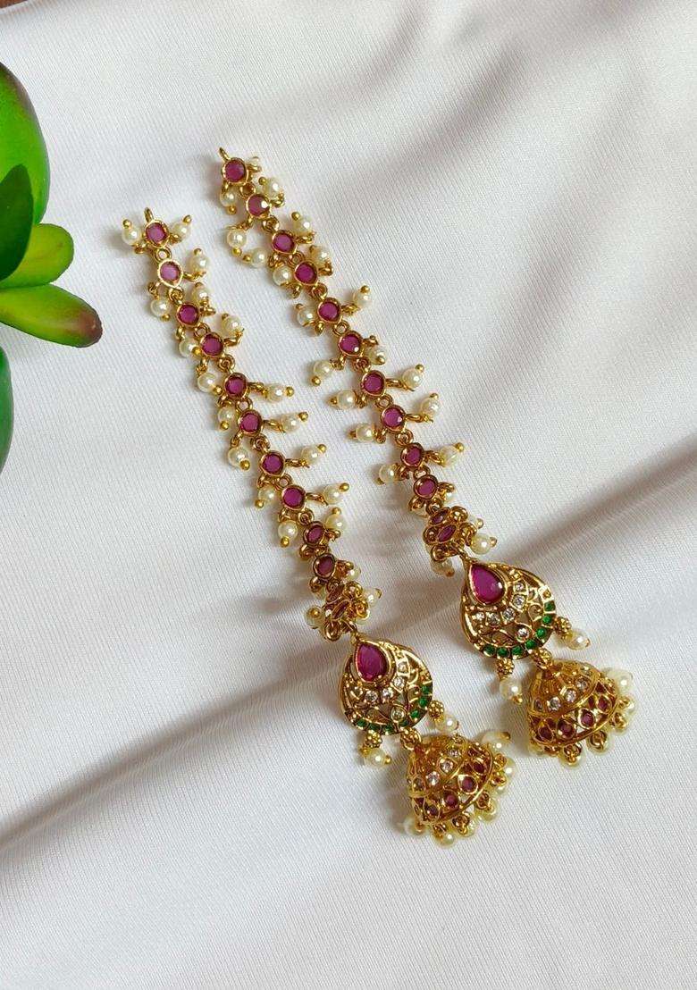 Gold-Plated Geometric Jhumkas Earrings with CZ Stone for Women | Traditional Temple Jewellery for Wedding & Festive Wear | Gift for Her - Indya
