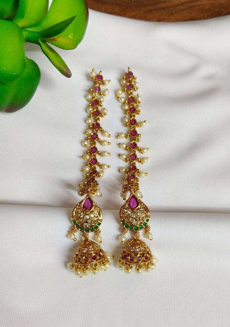 Gold-Plated Geometric Jhumkas Earrings with CZ Stone for Women | Traditional Temple Jewellery for Wedding & Festive Wear | Gift for Her - Indya