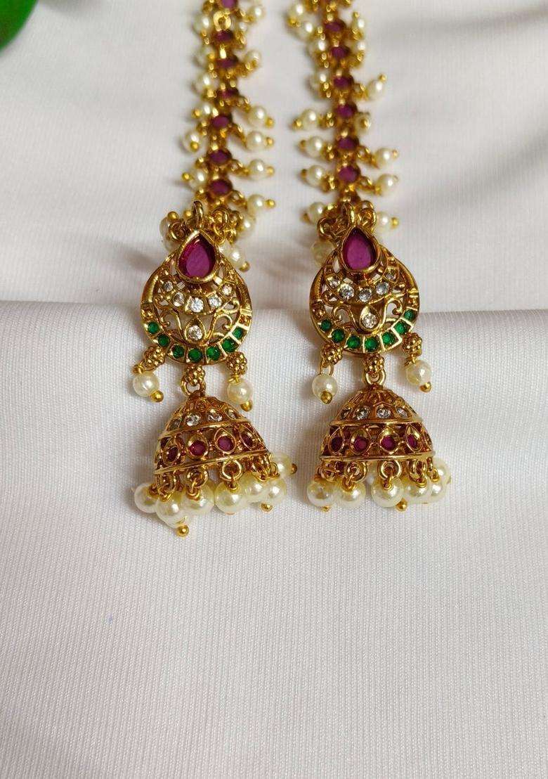 Gold-Plated Geometric Jhumkas Earrings with CZ Stone for Women | Traditional Temple Jewellery for Wedding & Festive Wear | Gift for Her - Indya