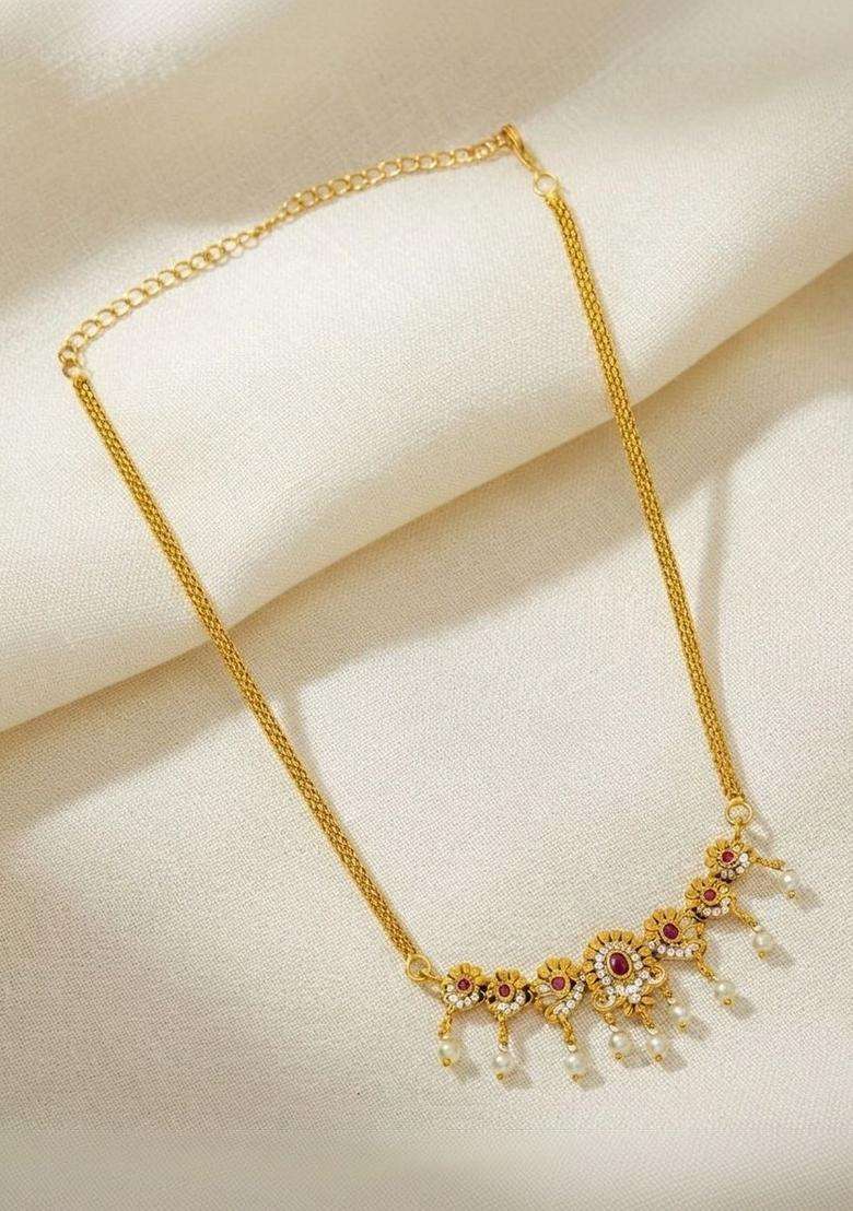 Brass Gold-Plated Temple Necklace with CZ Stone for Women | Traditional Temple Jewellery for Wedding & Festive Wear | Gift for Her - Indya