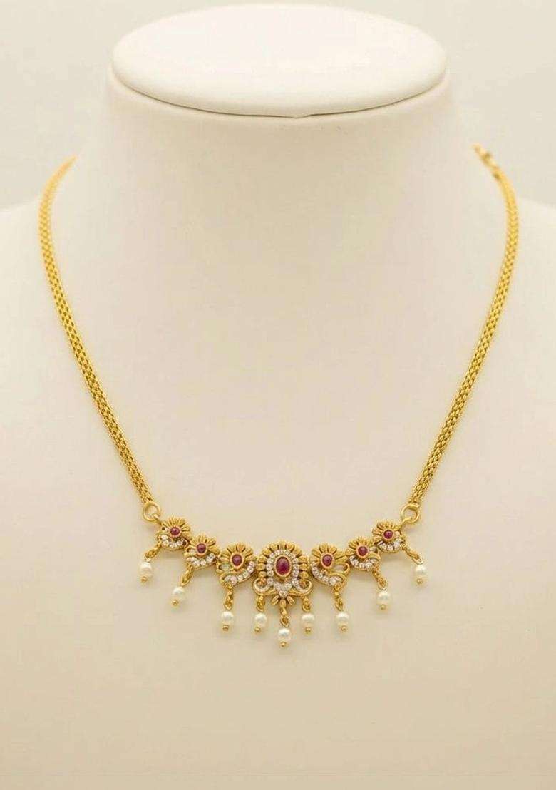 Brass Gold-Plated Temple Necklace with CZ Stone for Women | Traditional Temple Jewellery for Wedding & Festive Wear | Gift for Her - Indya