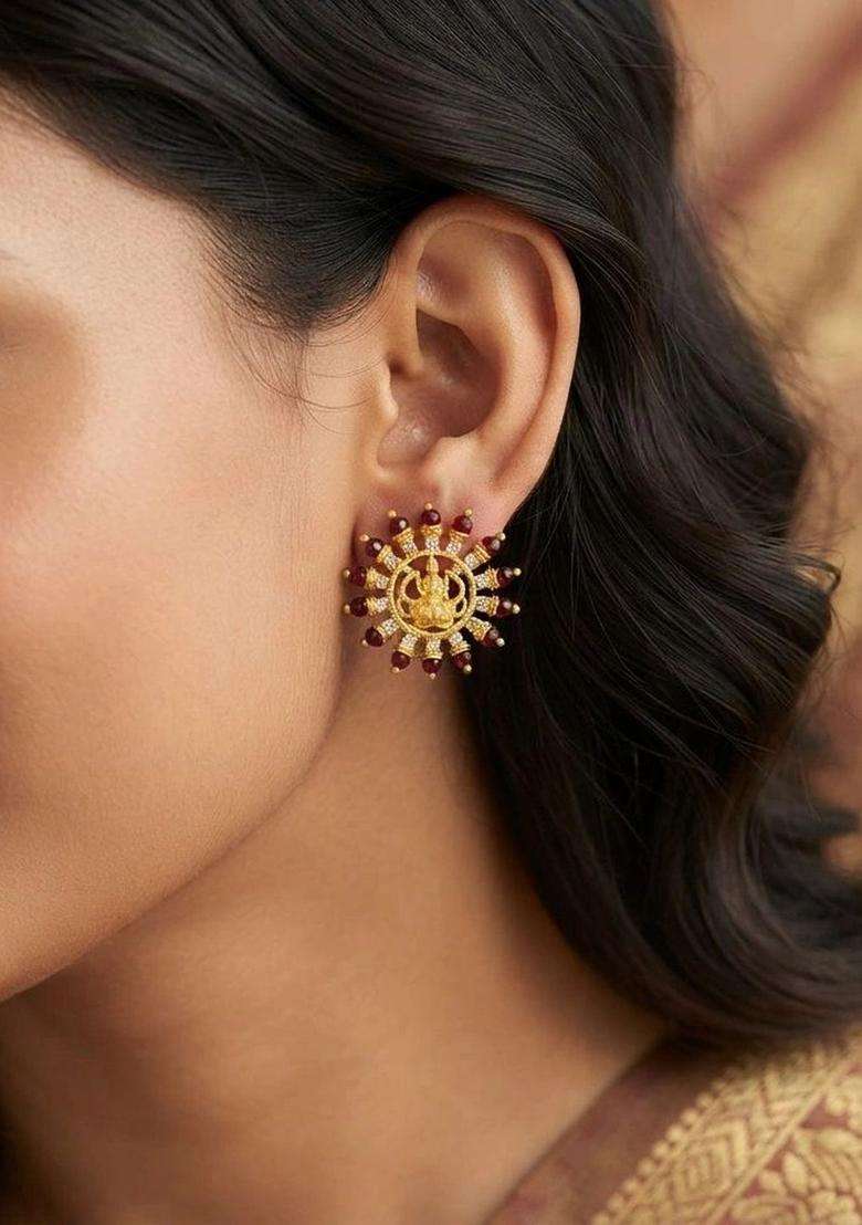 Gold-Plated Circular Studs Earrings with CZ Stone for Women | Traditional Temple Jewellery for Wedding & Festive Wear | Gift for Her - Indya