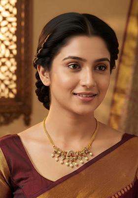 Brass Gold-Plated Temple Necklace with CZ Stone for Women | Traditional Temple Jewellery for Wedding & Festive Wear | Gift for Her