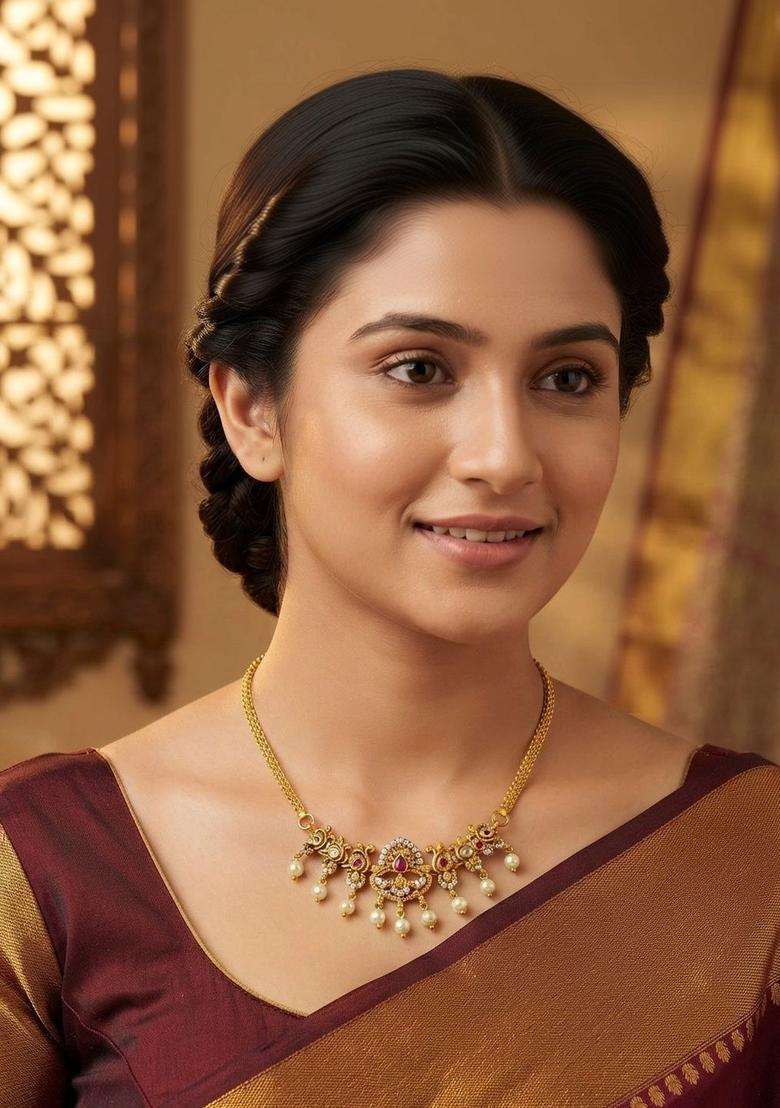 Brass Gold-Plated Temple Necklace with CZ Stone for Women | Traditional Temple Jewellery for Wedding & Festive Wear | Gift for Her - Indya