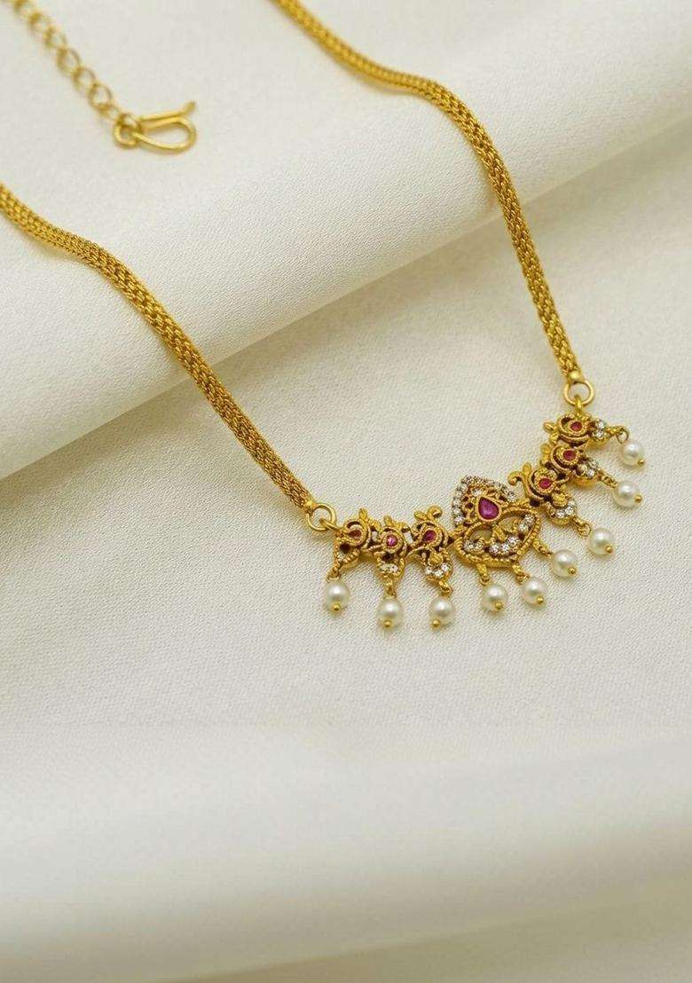 Brass Gold-Plated Temple Necklace with CZ Stone for Women | Traditional Temple Jewellery for Wedding & Festive Wear | Gift for Her - Indya