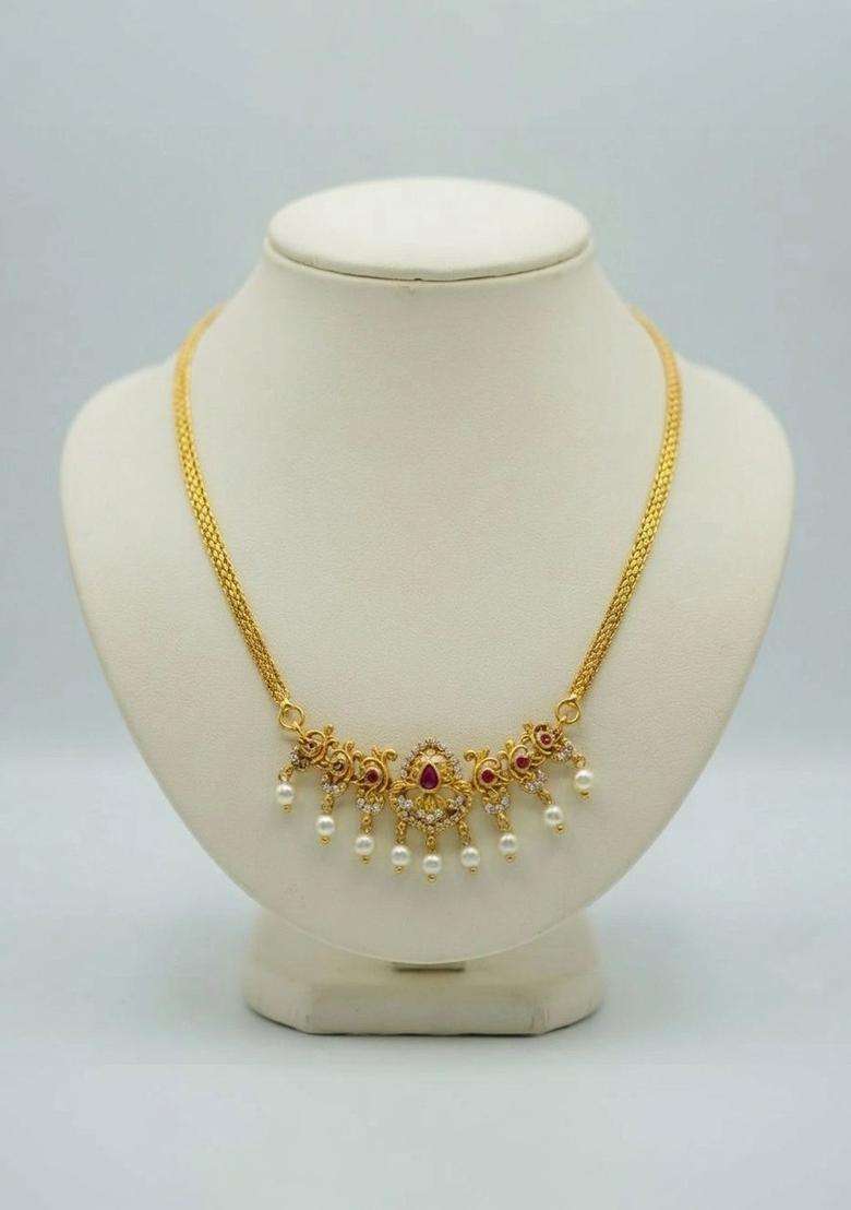 Brass Gold-Plated Temple Necklace with CZ Stone for Women | Traditional Temple Jewellery for Wedding & Festive Wear | Gift for Her - Indya