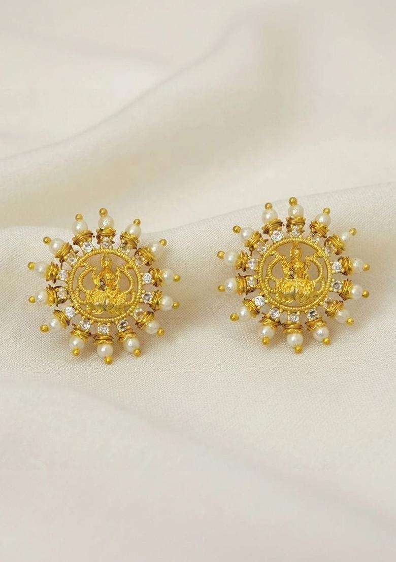 Gold-Plated Circular Studs Earrings with CZ Stone for Women | Traditional Temple Jewellery for Wedding & Festive Wear | Gift for Her - Indya