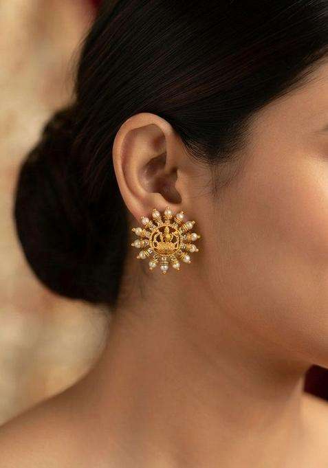 Gold-Plated Circular Studs Earrings with CZ Stone for Women | Traditional Temple Jewellery for Wedding & Festive Wear | Gift for Her