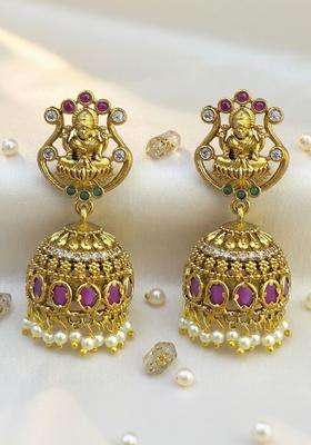 Gold-Plated Circular Jhumkas Earrings with CZ Stone for Women | Traditional Temple Jewellery for Wedding & Festive Wear | Gift for Her