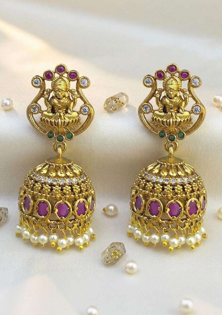 Gold-Plated Circular Jhumkas Earrings with CZ Stone for Women | Traditional Temple Jewellery for Wedding & Festive Wear | Gift for Her - Indya
