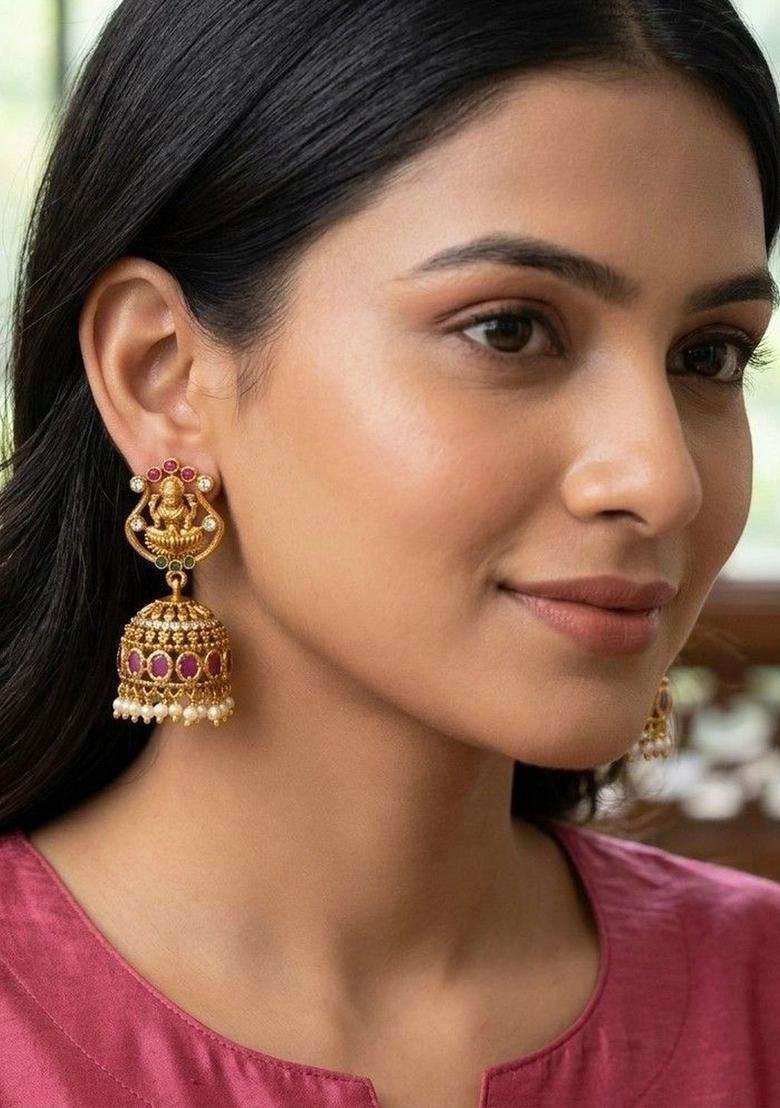 Gold-Plated Circular Jhumkas Earrings with CZ Stone for Women | Traditional Temple Jewellery for Wedding & Festive Wear | Gift for Her - Indya