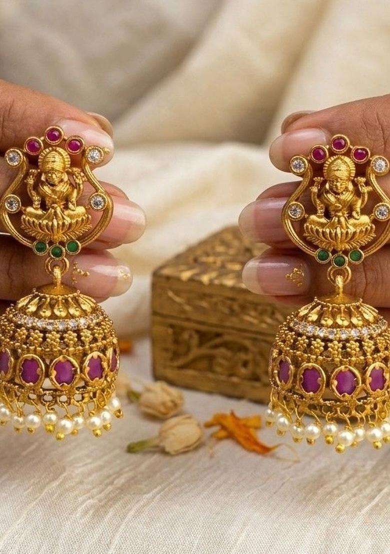 Gold-Plated Circular Jhumkas Earrings with CZ Stone for Women | Traditional Temple Jewellery for Wedding & Festive Wear | Gift for Her - Indya
