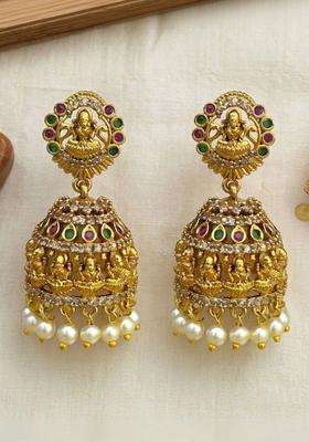Gold-Plated Artificial Stones and Beads Circular Shaped Jhumkas Earrings for Women | Traditional Temple Jewellery for Wedding & Festive Wear | Gift for Her