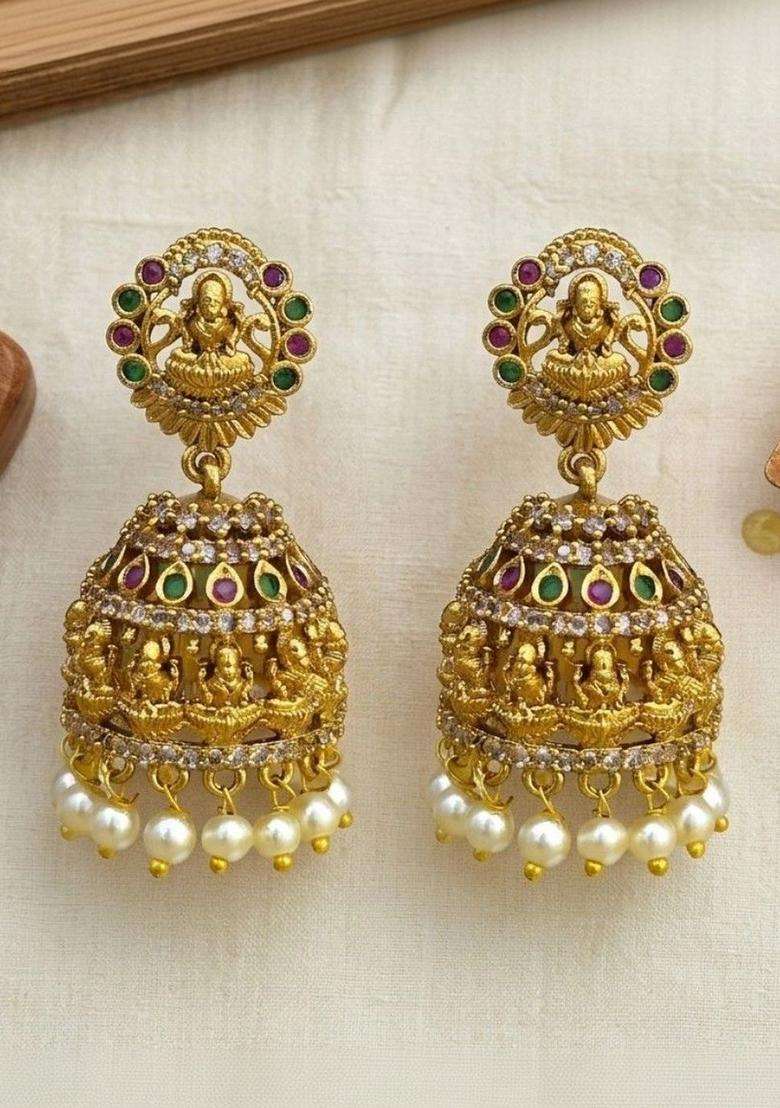 Gold-Plated Artificial Stones and Beads Circular Shaped Jhumkas Earrings for Women | Traditional Temple Jewellery for Wedding & Festive Wear | Gift for Her - Indya