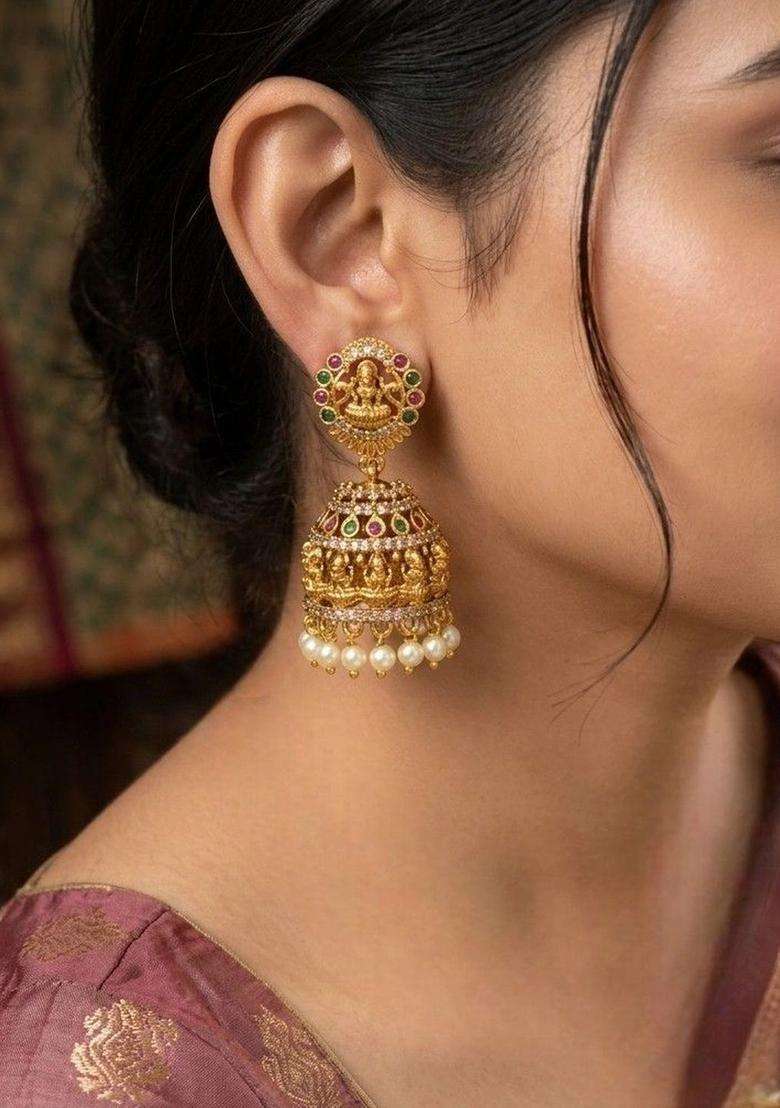 Gold-Plated Artificial Stones and Beads Circular Shaped Jhumkas Earrings for Women | Traditional Temple Jewellery for Wedding & Festive Wear | Gift for Her - Indya