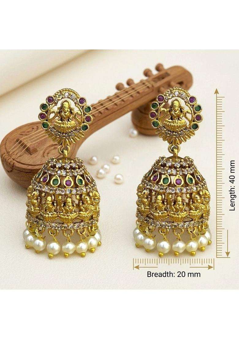 Gold-Plated Artificial Stones and Beads Circular Shaped Jhumkas Earrings for Women | Traditional Temple Jewellery for Wedding & Festive Wear | Gift for Her - Indya