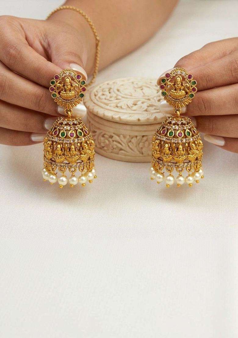 Gold-Plated Artificial Stones and Beads Circular Shaped Jhumkas Earrings for Women | Traditional Temple Jewellery for Wedding & Festive Wear | Gift for Her - Indya