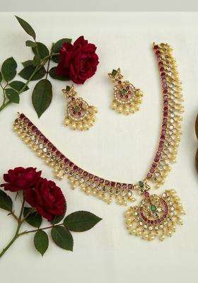 Gold-Plated Temple American Diamond Necklace and Earrings for Women | Traditional Temple Jewellery for Wedding & Festive Wear | Gift for Her