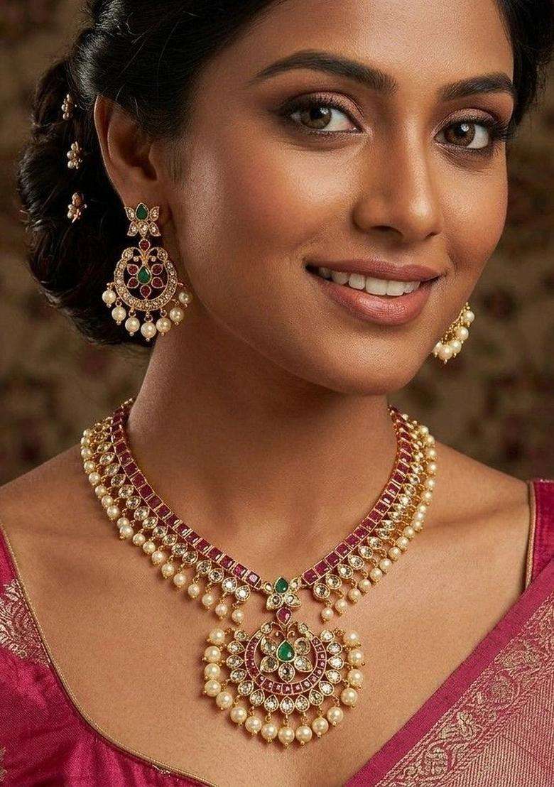 Gold-Plated Temple American Diamond Necklace and Earrings for Women | Traditional Temple Jewellery for Wedding & Festive Wear | Gift for Her - Indya