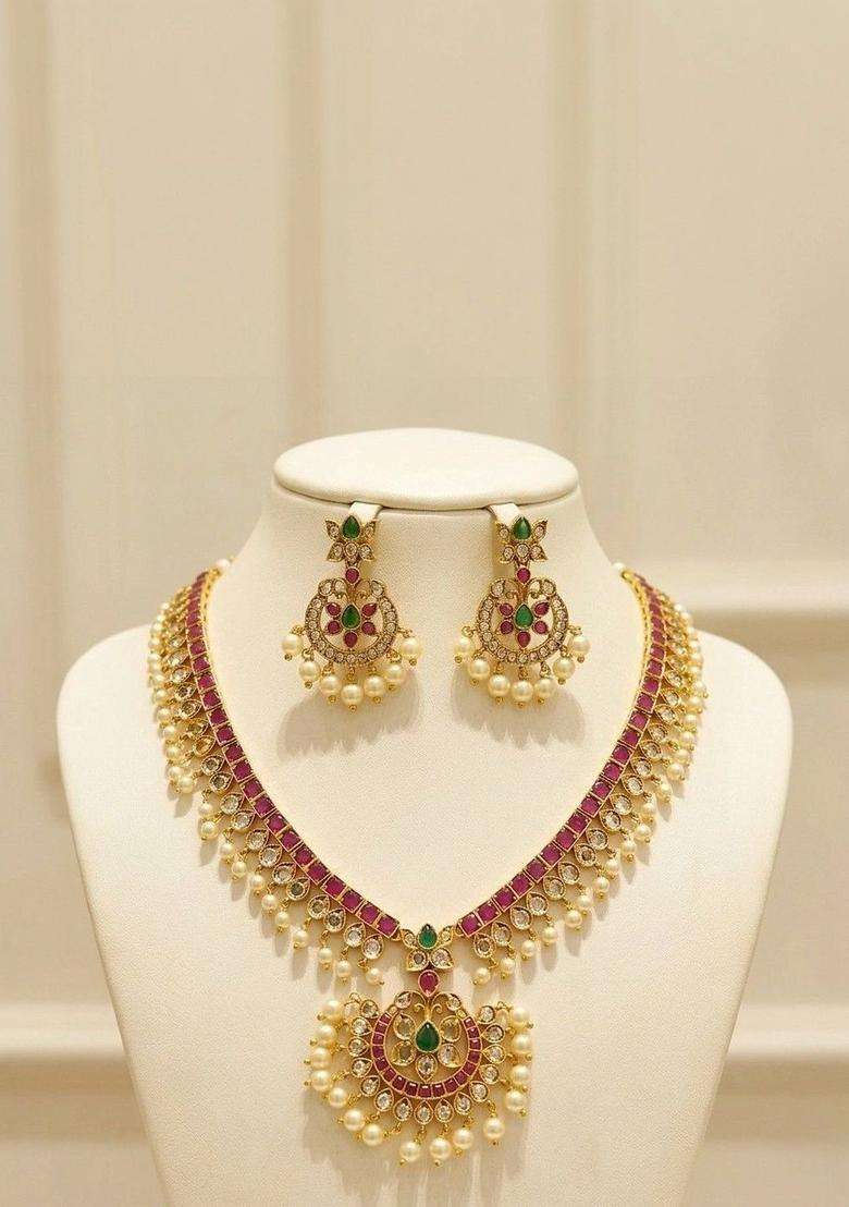 Gold-Plated Temple American Diamond Necklace and Earrings for Women | Traditional Temple Jewellery for Wedding & Festive Wear | Gift for Her - Indya
