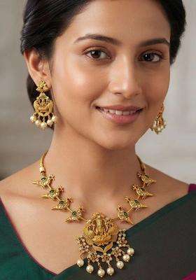 Gold-Plated Temple Cubic Zirconia Necklace and Earrings for Women | Traditional Temple Jewellery for Wedding & Festive Wear | Gift for Her