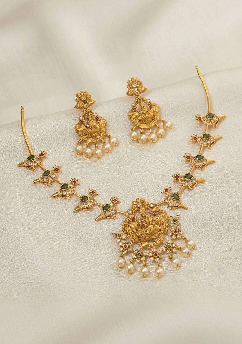 Gold-Plated Temple Cubic Zirconia Necklace and Earrings for Women | Traditional Temple Jewellery for Wedding & Festive Wear | Gift for Her - Indya