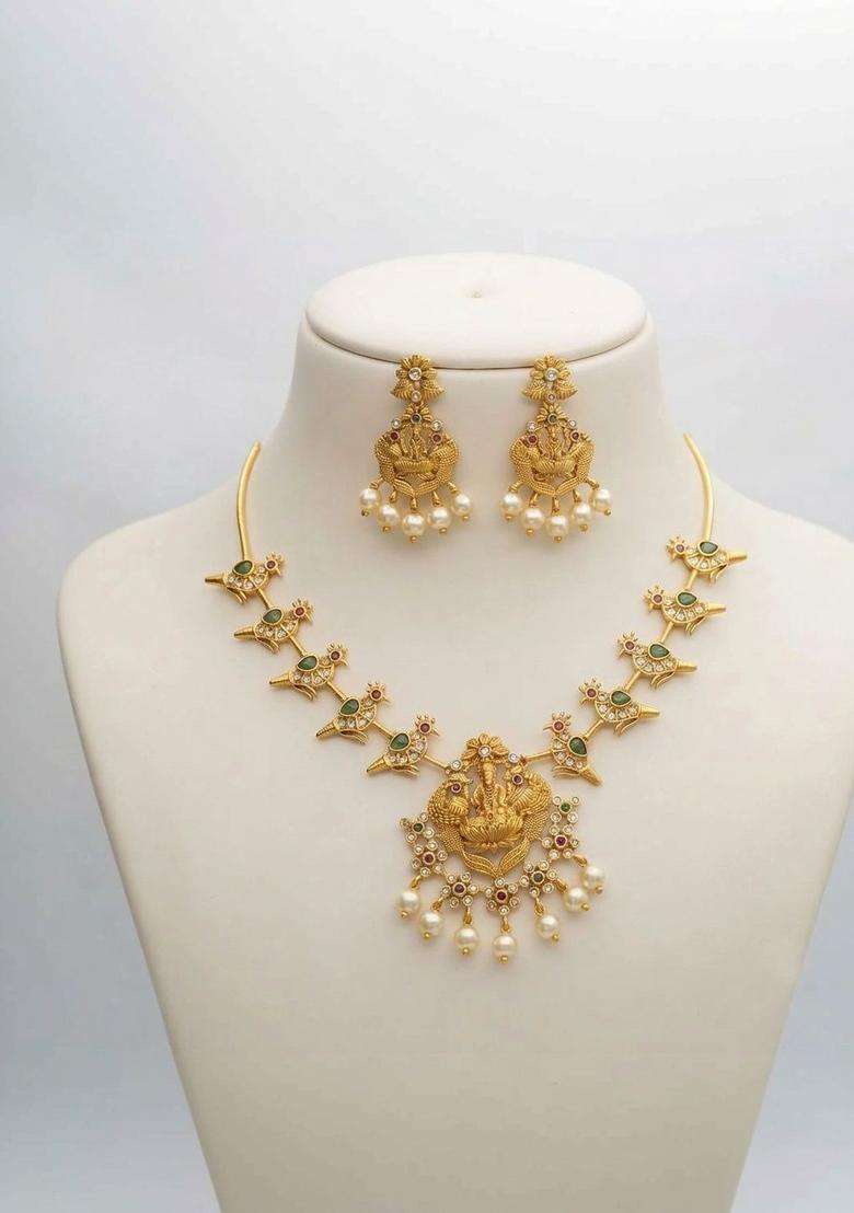 Gold-Plated Temple Cubic Zirconia Necklace and Earrings for Women | Traditional Temple Jewellery for Wedding & Festive Wear | Gift for Her - Indya