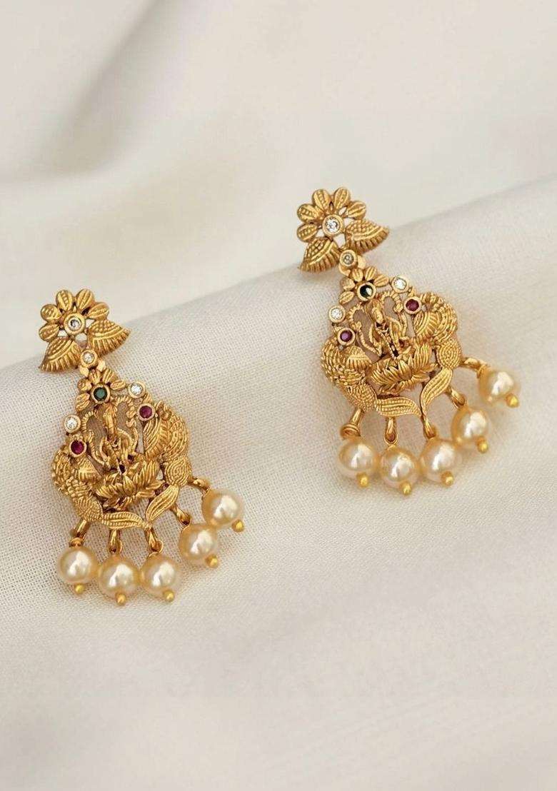 Gold-Plated Temple Cubic Zirconia Necklace and Earrings for Women | Traditional Temple Jewellery for Wedding & Festive Wear | Gift for Her - Indya