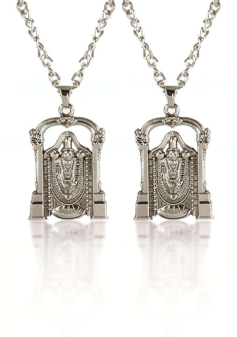 Silver-Plated Geometric Pendants with Chains for Men & Women | Traditional Temple Jewellery for Wedding & Festive Wear | Festive Gift - Indya