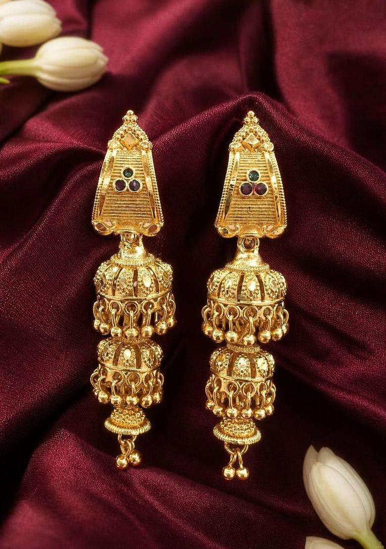 Gold-Plated Geometric Jhumkas Earrings for Women | Traditional Temple Jewellery for Wedding & Festive Wear | Gift for Her - Indya