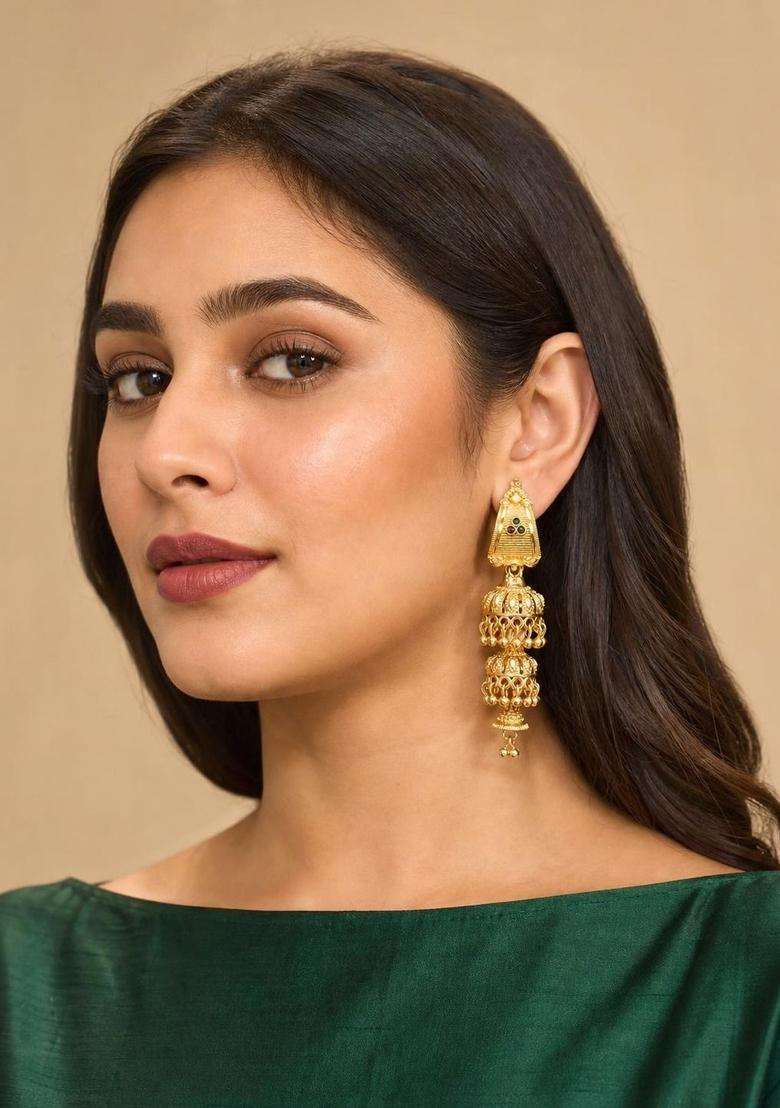Gold-Plated Geometric Jhumkas Earrings for Women | Traditional Temple Jewellery for Wedding & Festive Wear | Gift for Her - Indya