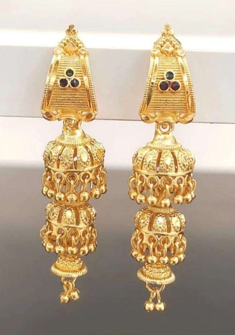 Gold-Plated Geometric Jhumkas Earrings for Women | Traditional Temple Jewellery for Wedding & Festive Wear | Gift for Her - Indya