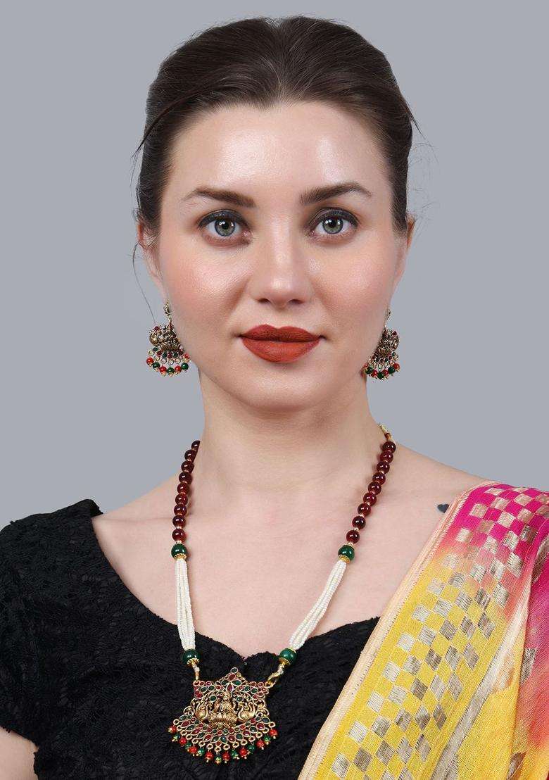 Gold-Plated Beaded Artificial Stones Studded Temple Jewellery Set for Women | Traditional Temple Jewellery for Wedding & Festive Wear | Gift for Her - Indya