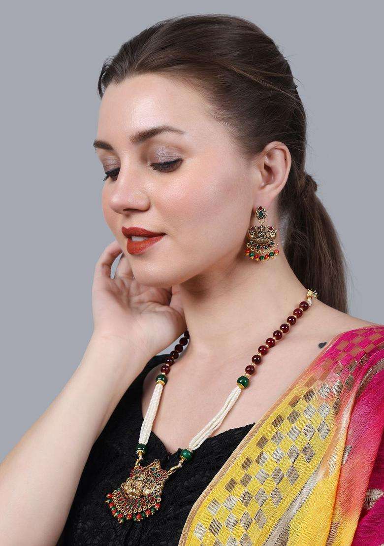 Gold-Plated Beaded Artificial Stones Studded Temple Jewellery Set for Women | Traditional Temple Jewellery for Wedding & Festive Wear | Gift for Her - Indya