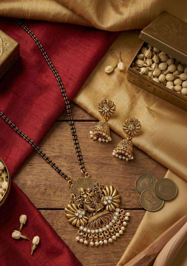 Rose Gold-Plated Temple Stone Studded & Beaded Necklace and Earrings for Women | Traditional Temple Jewellery for Wedding & Festive Wear | Gift for Her - Indya