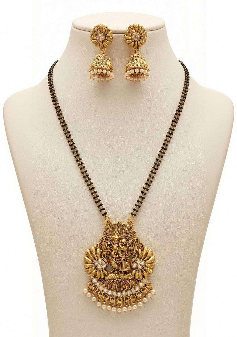 Rose Gold-Plated Temple Stone Studded & Beaded Necklace and Earrings for Women | Traditional Temple Jewellery for Wedding & Festive Wear | Gift for Her - Indya