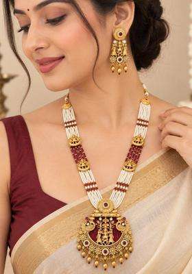 Gold-Plated Temple Cubic Zirconia Necklace and Earrings for Women | Traditional Temple Jewellery for Wedding & Festive Wear | Gift for Her