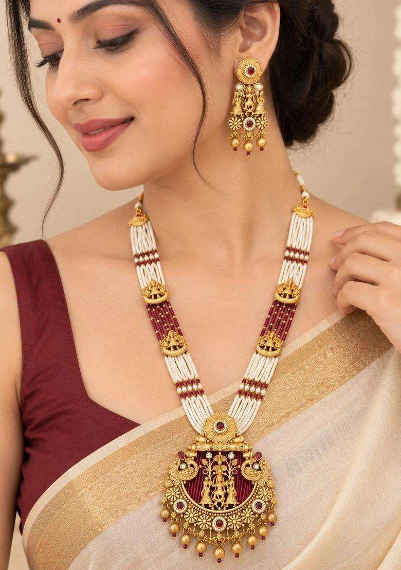 Gold-Plated Temple Cubic Zirconia Necklace and Earrings for Women | Traditional Temple Jewellery for Wedding & Festive Wear | Gift for Her - Indya