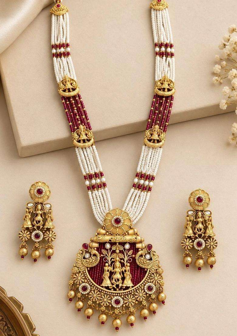 Gold-Plated Temple Cubic Zirconia Necklace and Earrings for Women | Traditional Temple Jewellery for Wedding & Festive Wear | Gift for Her - Indya