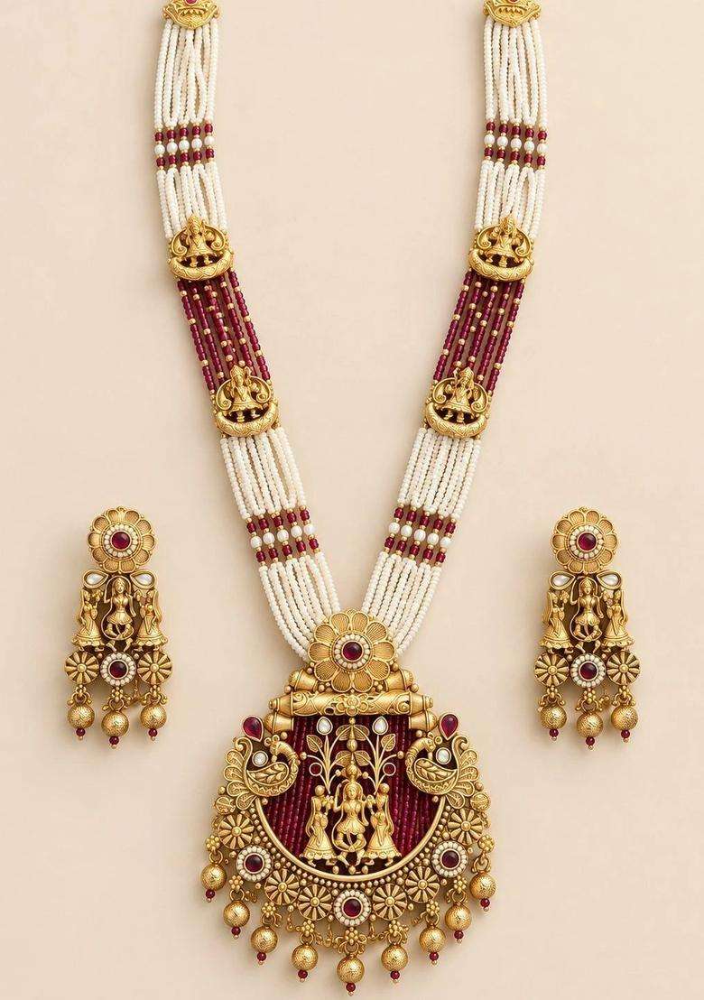 Gold-Plated Temple Cubic Zirconia Necklace and Earrings for Women | Traditional Temple Jewellery for Wedding & Festive Wear | Gift for Her - Indya