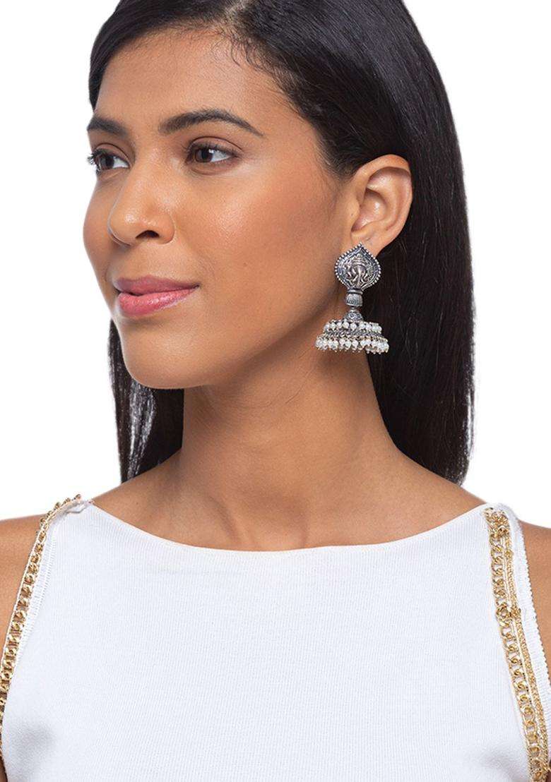 Silver-Plated & Silver-Toned White Ganesha Engraved Jhumkas Earrings for Women | Traditional Temple Jewellery for Wedding & Festive Wear | Gift for Her - Indya