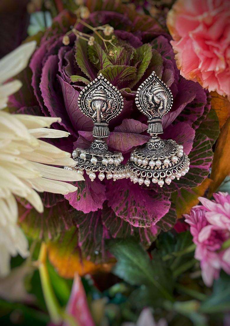 Silver-Plated & Silver-Toned White Ganesha Engraved Jhumkas Earrings for Women | Traditional Temple Jewellery for Wedding & Festive Wear | Gift for Her - Indya