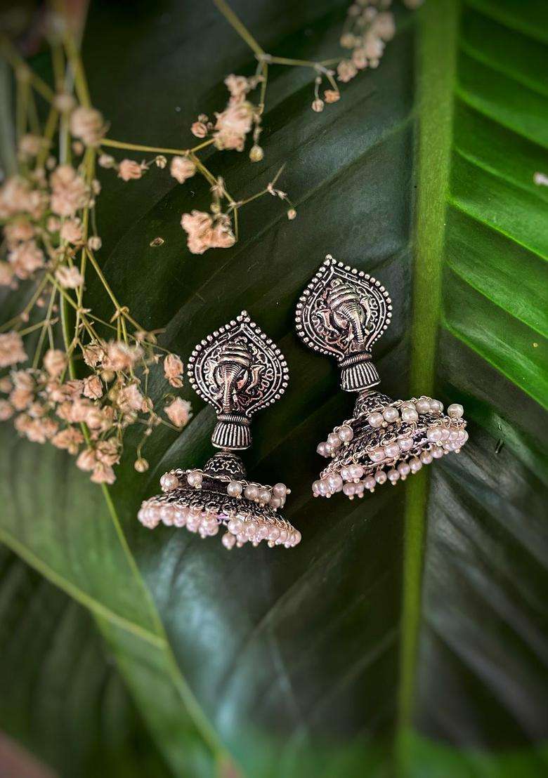 Silver-Plated & Silver-Toned White Ganesha Engraved Jhumkas Earrings for Women | Traditional Temple Jewellery for Wedding & Festive Wear | Gift for Her - Indya