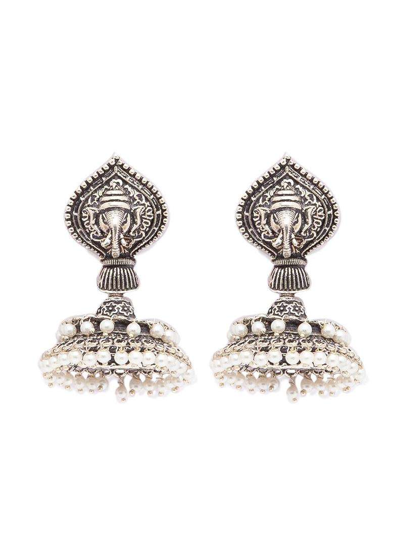 Silver-Plated & Silver-Toned White Ganesha Engraved Jhumkas Earrings for Women | Traditional Temple Jewellery for Wedding & Festive Wear | Gift for Her - Indya